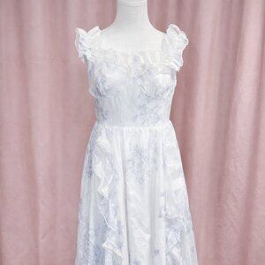 Romantic White Floral Ruffle Midi Dress Cottagecore